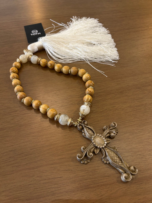 Decorative Rosary Natural Wood and Acrylic Balls Satin Tassel