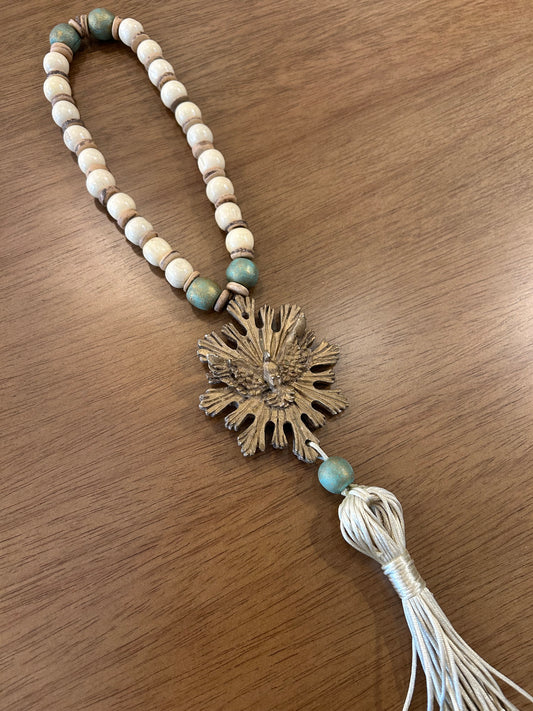 Decorative Necklace Holy Spirit Beads Beige and Green Satin Tassel