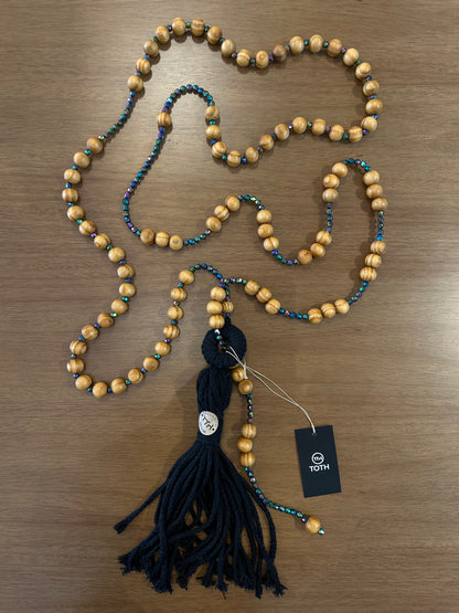 Decorative Necklace with Natural Wooden Balls and Iridescent String Tassel