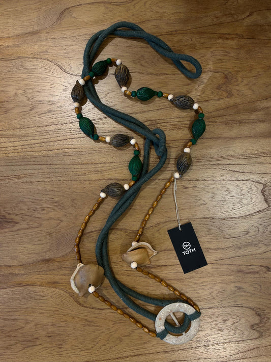 Decorative Necklace Green Beads Brown Color Jacaranda Seeds and Fox Tail