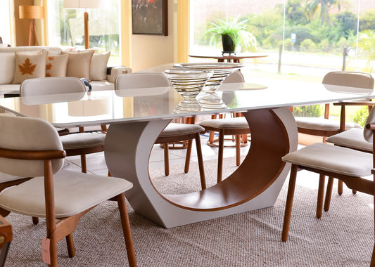 Mesa de Jantar Cannes Laca Cor Branco Detalhe em Madeira Tampo Vidro Branco 240x120cm