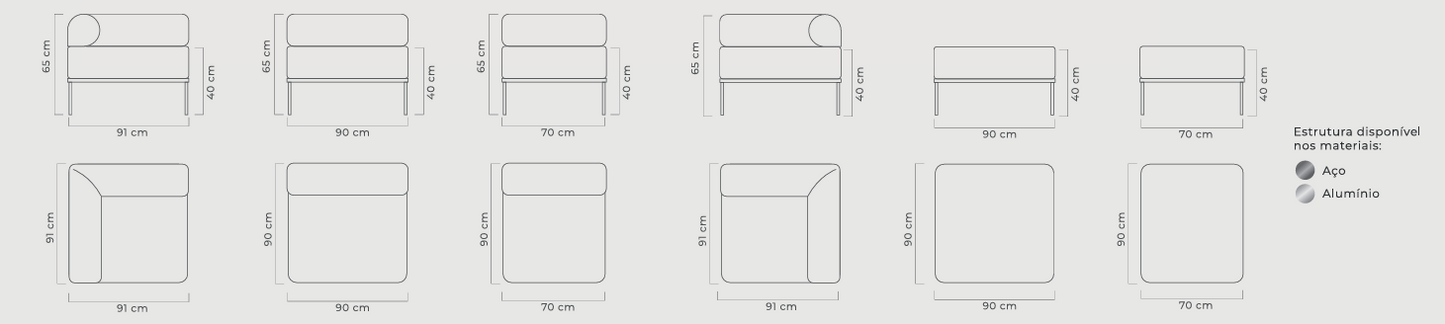 Sofá Modular Gota Alumínio Cor Taupe Assento Estofado Tecido Loop Chá Verde - 2 Módulos