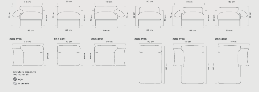 Sofá Modular Ala Aluminio Color Topo Asiento Tapizado Tela Lino Alba - 2 Módulos