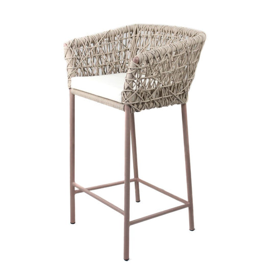 Panama Stool Aluminum Champagne Color Nautical Rope Sand Color Upholstered Seat Raw Dunas Fabric