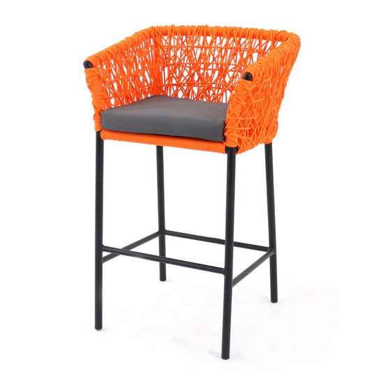 Panama Stool Aluminum Black Color Nautical Rope Orange Color Upholstered Seat Quaker Gray Fabric