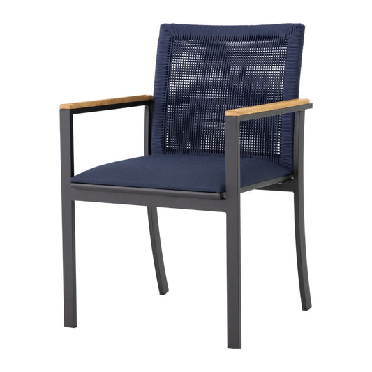 Amélia Armchair Freijó Wood Aluminum Lead Color Nautical Rope Navy Blue Color Upholstered Seat Navy Blue Fabric