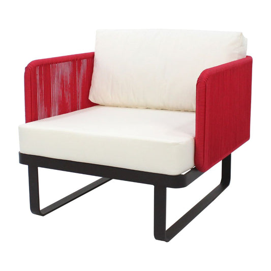 Sillón Catteli de Aluminio Color Marrón Cuerda Náutica Color Rojo Respaldo y Asiento Tapizado Tela Dunas Crema