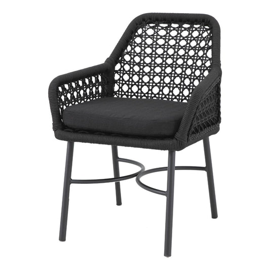 Sillón Comedor Ibiza Aluminio Color Plomo Cuerda Náutica Color Negro Asiento Tapizado Tela Quaker Negra