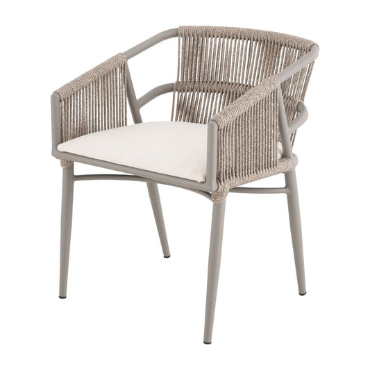 Kyra Armchair Aluminum Champagne Color Nautical Rope Sand Color Mixed Upholstered Seat Quaker Sand Fabric