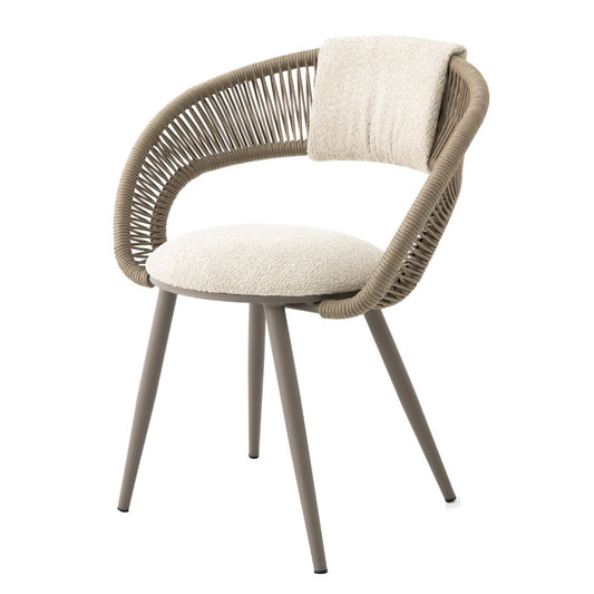 Penelope Armchair Champagne Color Aluminum Nautical Rope Sand Color Upholstered Backrest Boucle White Fabric