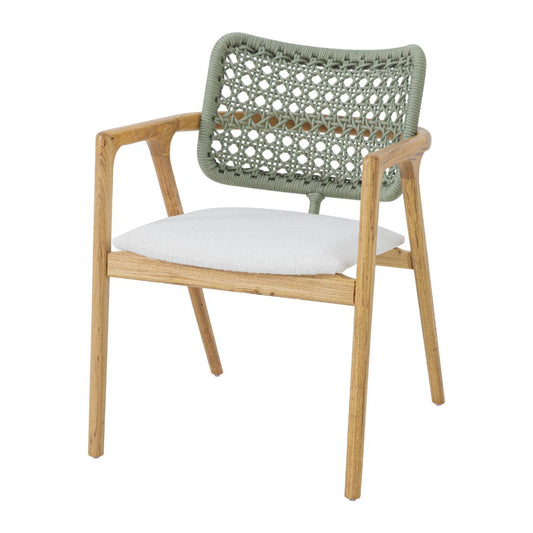 Ravena Armchair Freijó Wood Nautical Rope Pearly Green Color Upholstered Seat Boucle White Fabric