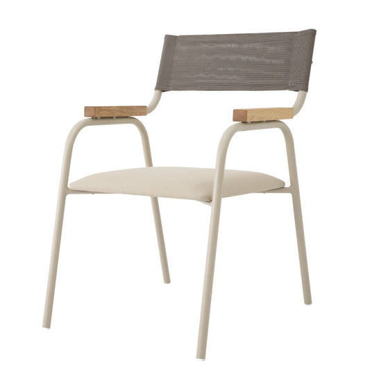 Sicília Armchair Freijó Wood Aluminum Beige Color Mixed Straw Color Fabric Upholstered Seat Quaker Beige Fabric