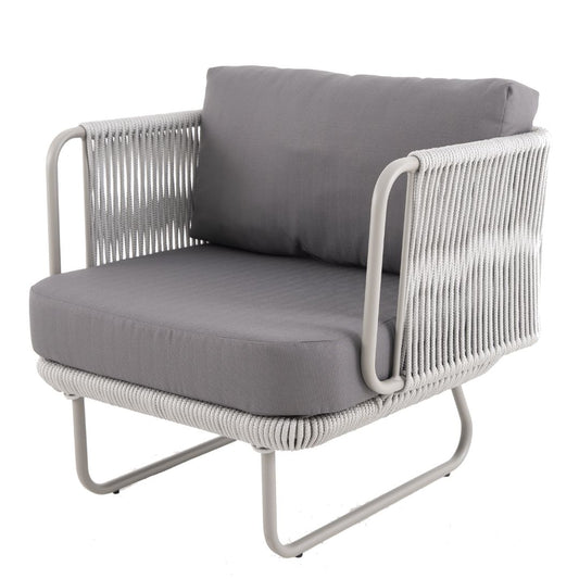 Veredas Armchair Champagne Color Aluminum Nautical Rope Ice Color Upholstered Seat Quaker Gray Fabric