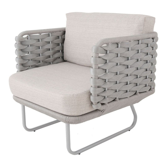 Veredas Aluminum Armchair White Color Nautical Knit Silver Color Upholstered Seat Quaker Fabric Beige Mix