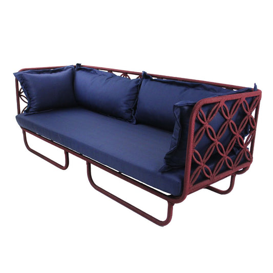 Erys Aluminum Sofa Burgundy Color Nautical Rope Wine Color Backrest and Seat Upholstered Quaker Fabric Navy Blue