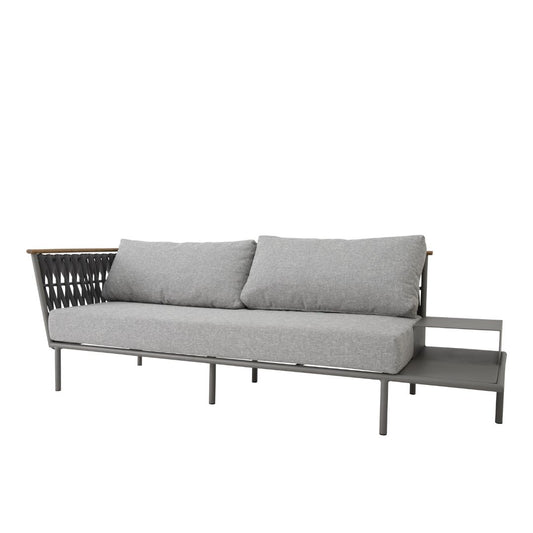 Sofá Lazio con Bandeja Madera Freijó Aluminio Color Gris Tejido Náutico Color Negro Respaldo y Asiento Tapizado en Tela Gris Pelícano