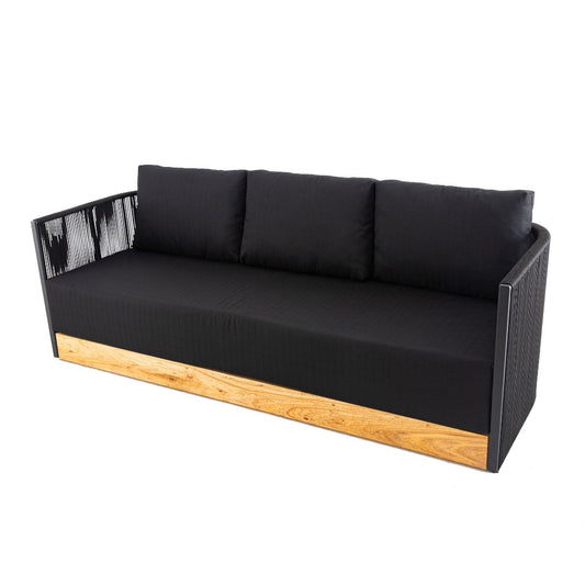 Sofá Riviera Madera Cumarú Color Aluminio Cuerda Náutica Color Negro Respaldo y Asiento Tapizado en Tela Quaker Negra