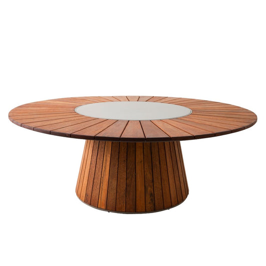 Ayron 200cm Round Table with Striped Top in Freijó Wood and Aluminum Turntable