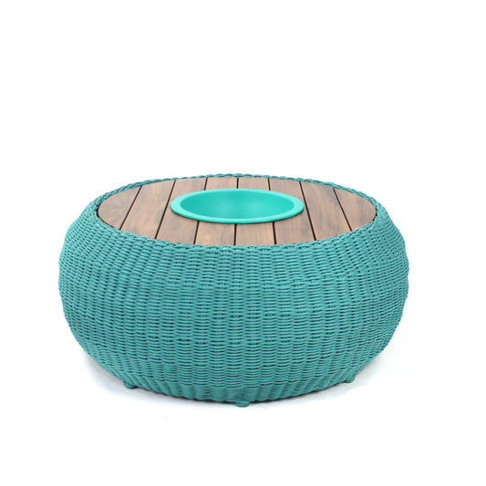 Vision Coffee Table 100cm with Champagne Rack in Freijó Wood, Aluminum and Nautical Rope in Turquoise Green