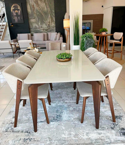 Mesa de comedor Mari 220x110 cm madera con tapa de cristal blanco roto - 8 plazas