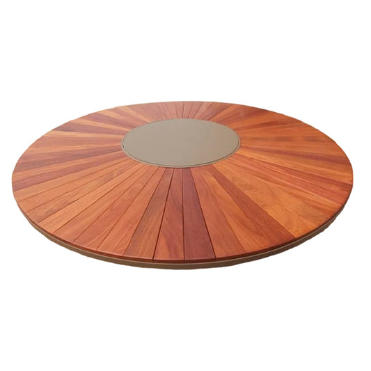 Mesa de comedor redonda con tablero Ripado Pizza Cumaru de 160 cm, madera maciza con borde y plato giratorio de aluminio