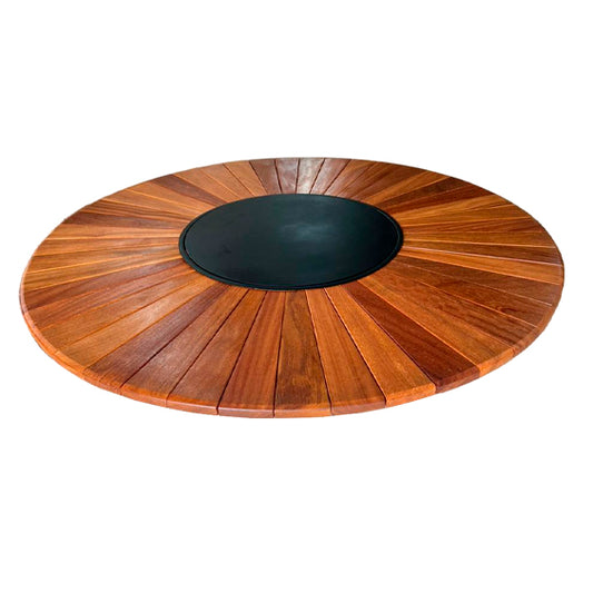 160cm Round Dining Table Top with Slatted Pizza Solid Cumaru Wood and Aluminum Turntable