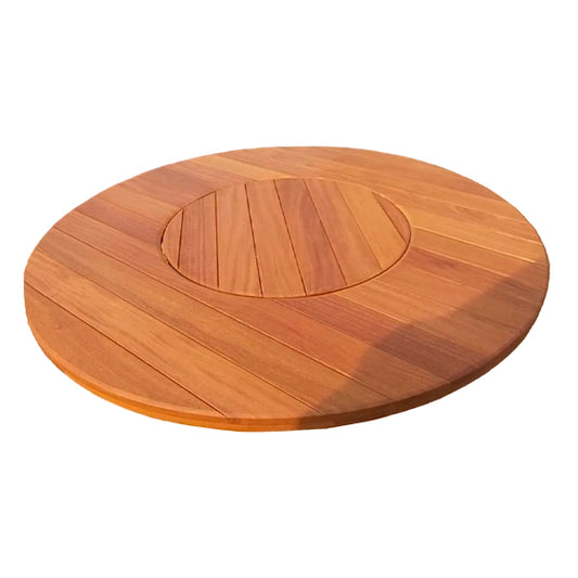 Mesa de comedor redonda con tablero de listones de 160 cm y placa giratoria de madera maciza Cumaru